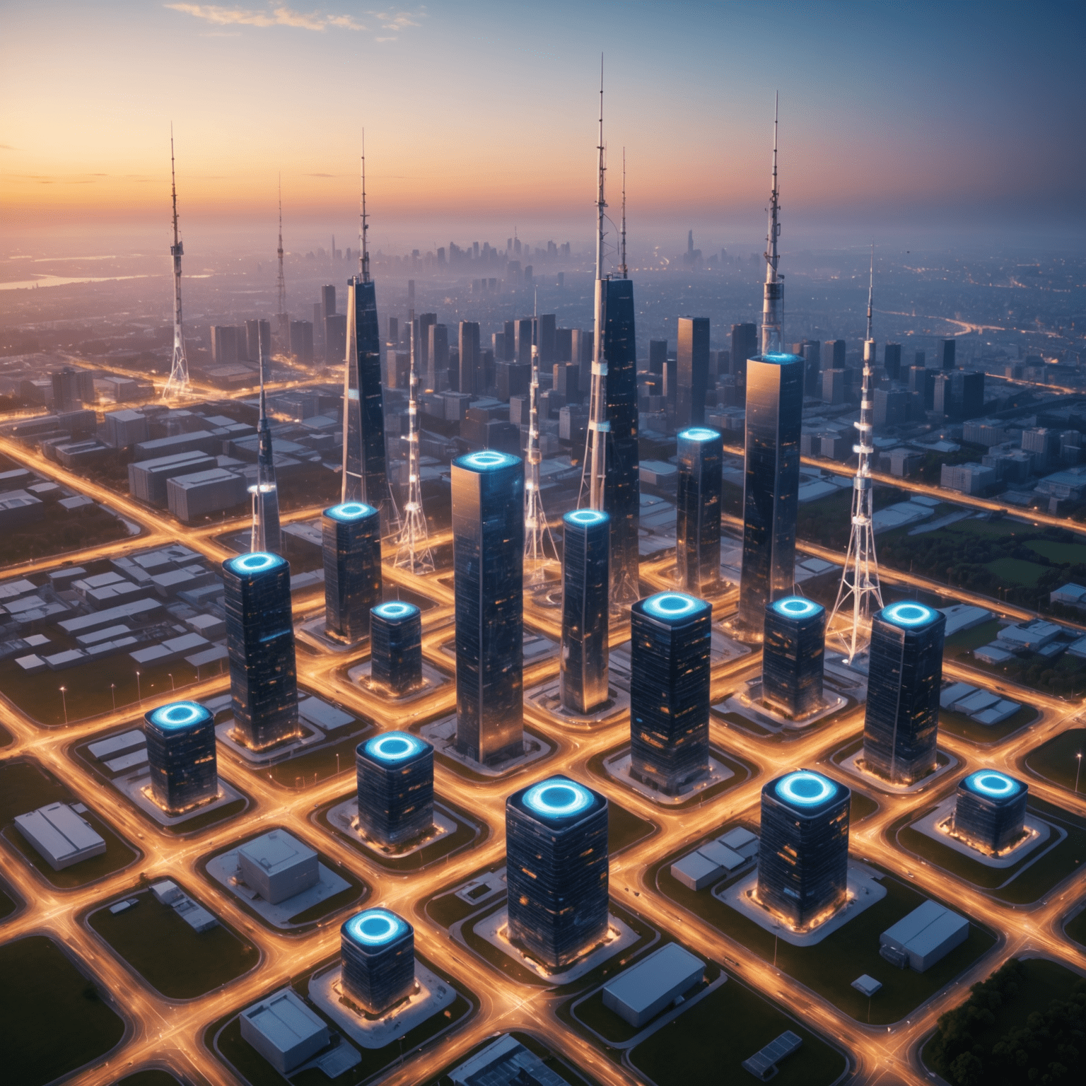 صورة توضيحية لشبكة الجيل الخامس 5G تظهر أبراج الاتصالات وأجهزة الهواتف المحمولة المتصلة بها