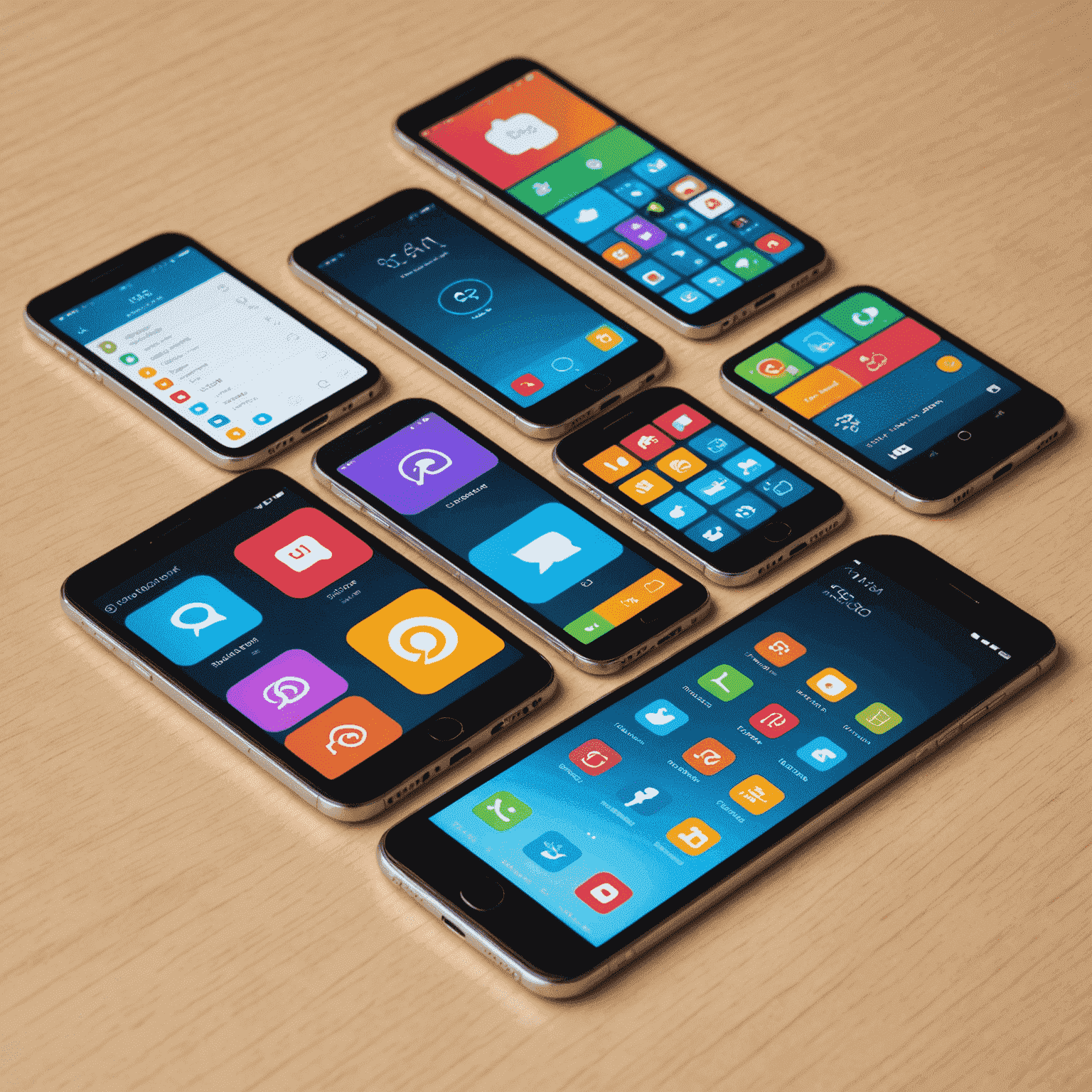 صورة توضيحية لتطوير تطبيقات الهواتف الذكية، تظهر شاشات متعددة لأجهزة iOS وAndroid مع واجهات مستخدم مختلفة ورموز تطبيقات