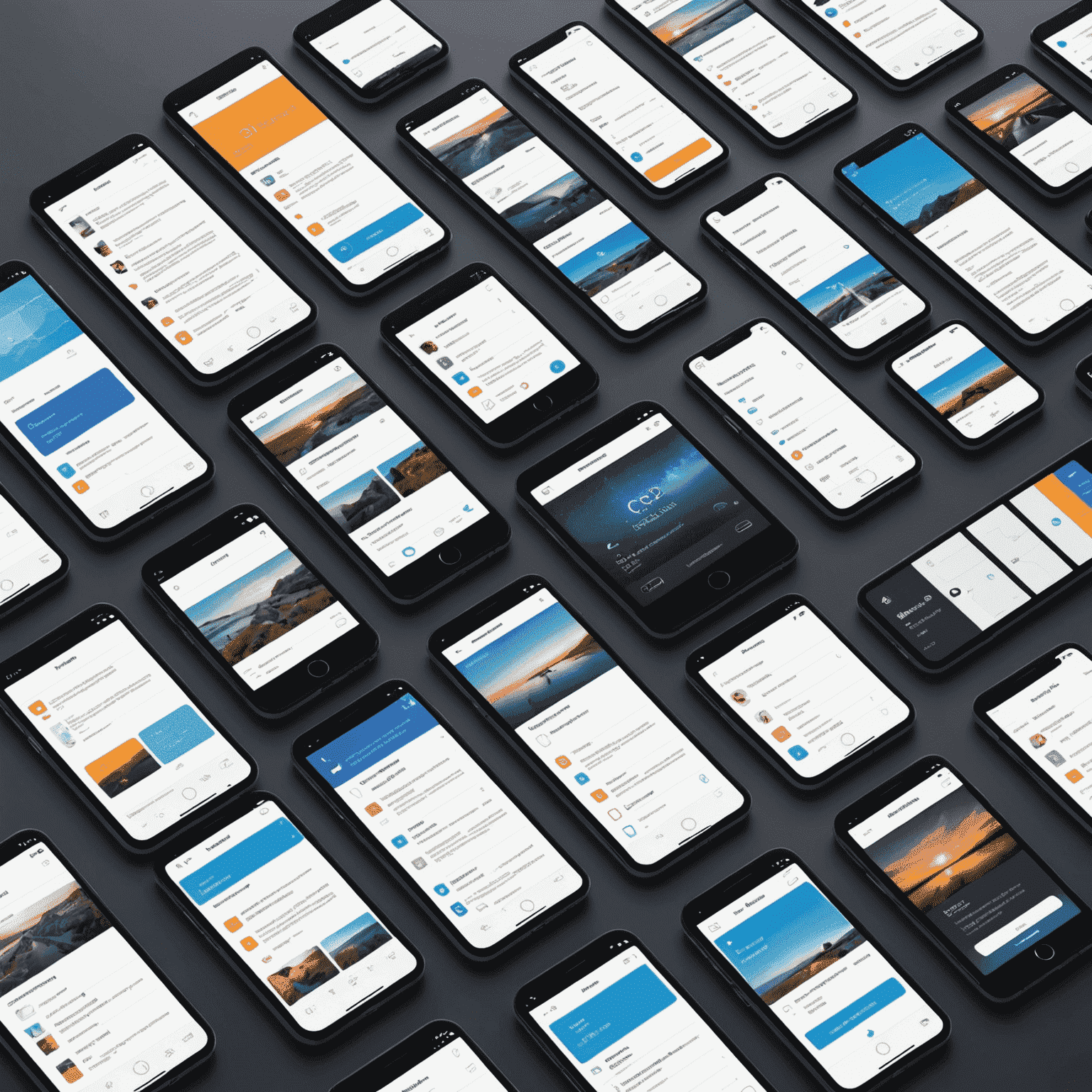 صورة توضيحية لتصميم واجهة المستخدم تظهر شاشات متعددة لتطبيق جوال مع عناصر تصميم مختلفة ورسومات توضح تدفق المستخدم