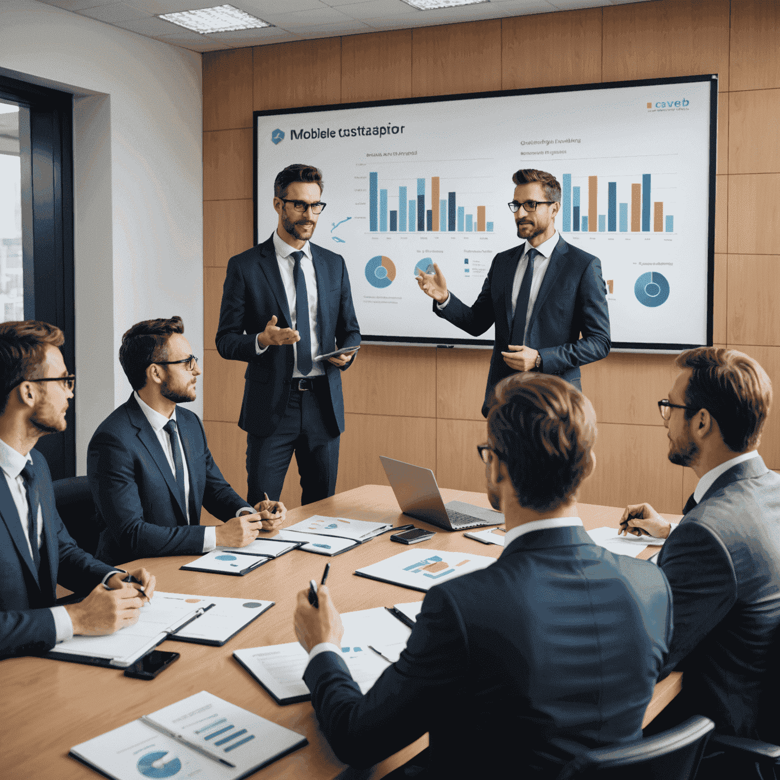 خبير استشاري يقدم عرضًا تقديميًا حول استراتيجيات الجوال لفريق من رجال الأعمال