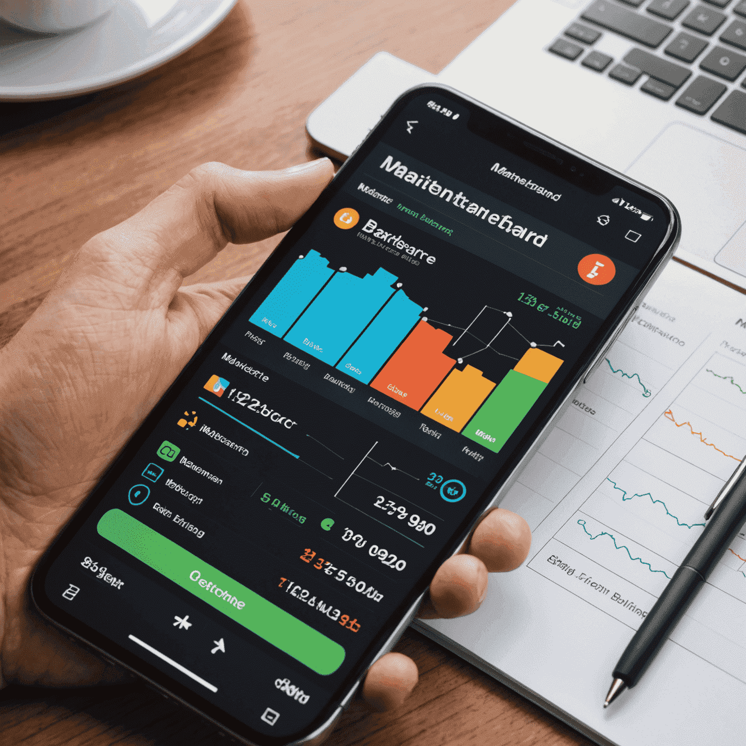 صورة لشاشة هاتف ذكي تعرض لوحة تحكم لصيانة التطبيق مع رسوم بيانية للأداء وأيقونات للتحديثات
