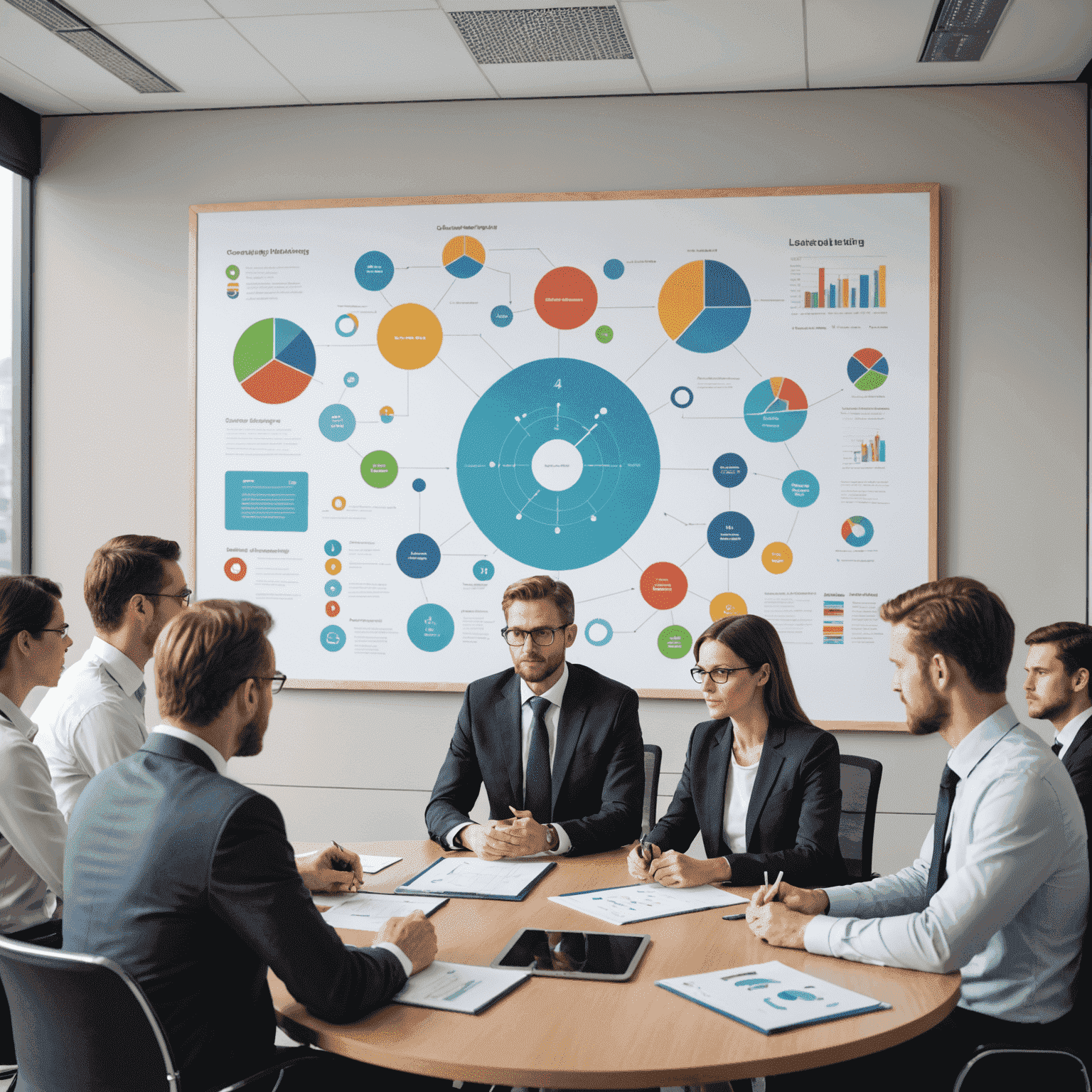 صورة لاجتماع استشاري مع لوحة عرض تحتوي على مخططات استراتيجية وأيقونات لتقنيات الجوال